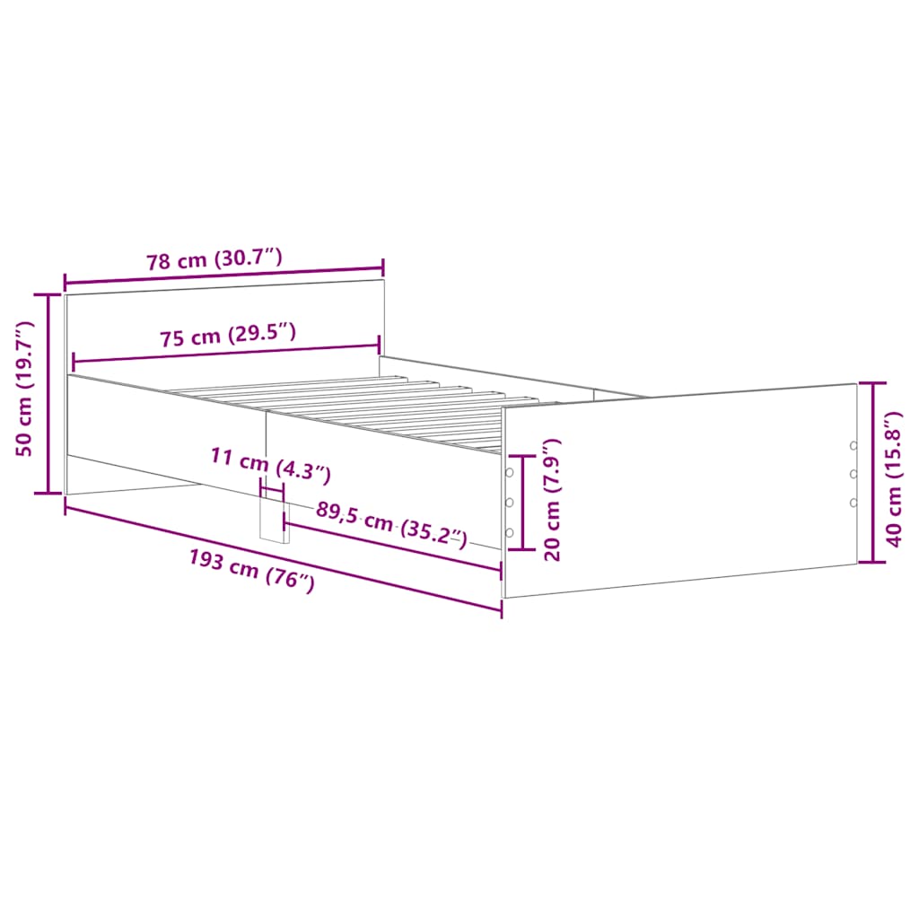 Bettgestell ohne Matratze Räuchereiche 75x190 cm Holzwerkstoff