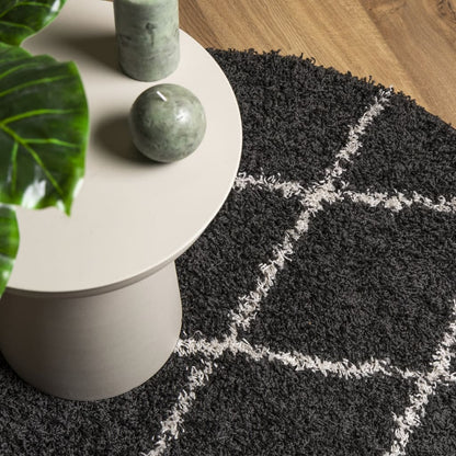 Shaggy-Teppich PAMPLONA Hochflor Modern Schwarz Creme Ø 80 cm