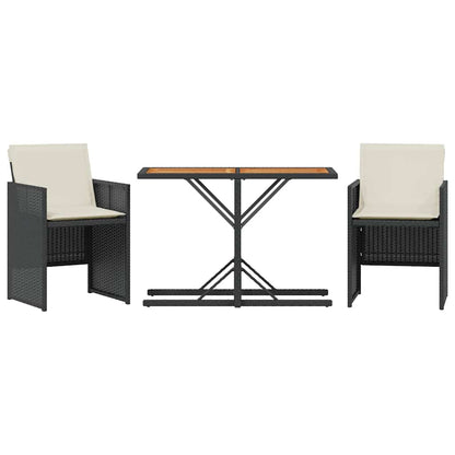 3-tlg. Bistro-Set mit Kissen Schwarz Poly Rattan