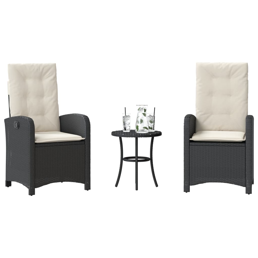 3-tlg. Bistro-Set mit Kissen Schwarz Poly Rattan