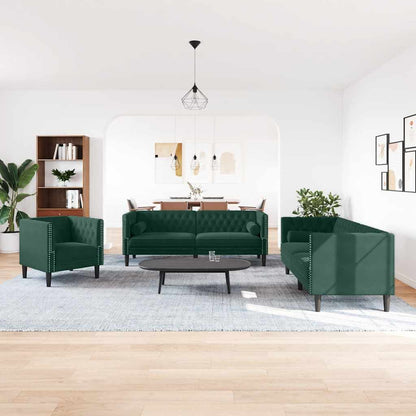 3-tlg. Chesterfield-Sofa-Set mit Nackenrollen Dunkelgrün Samt