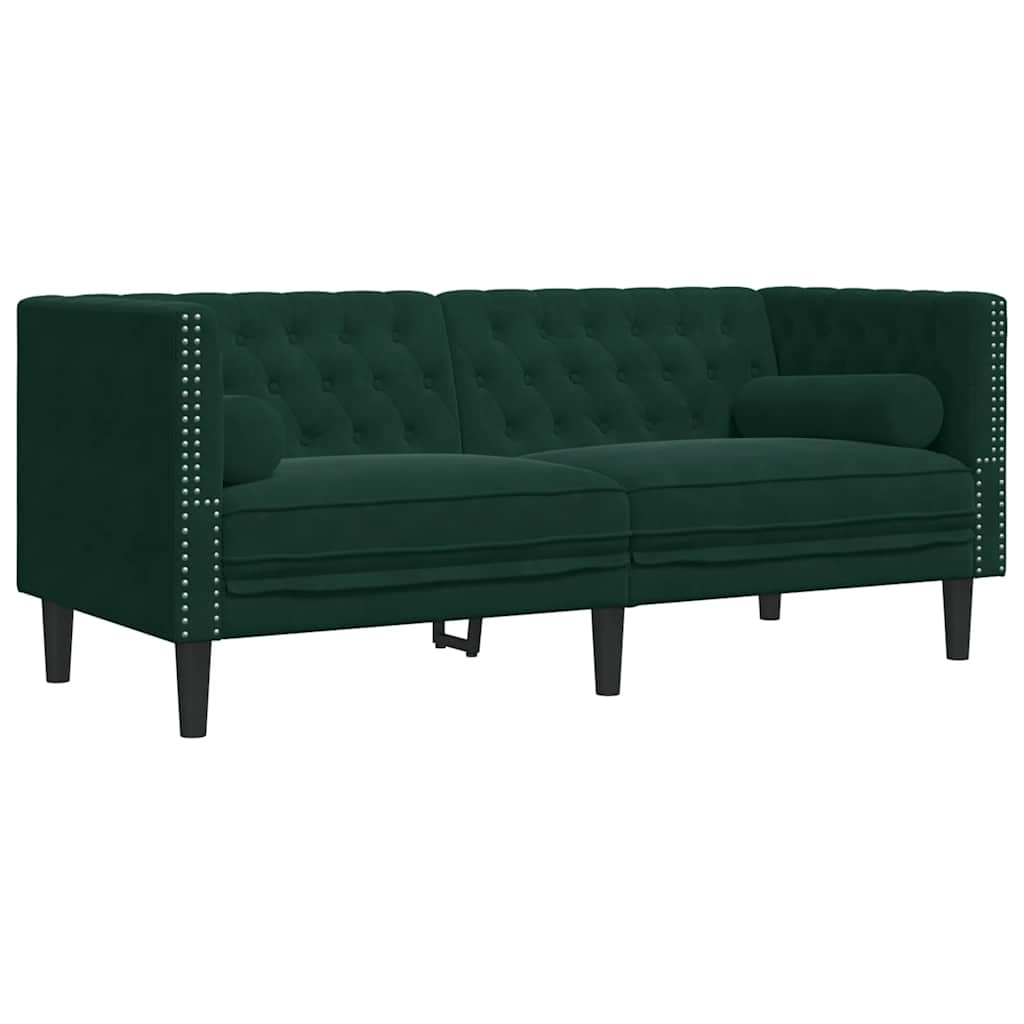 3-tlg. Chesterfield-Sofa-Set mit Nackenrollen Dunkelgrün Samt