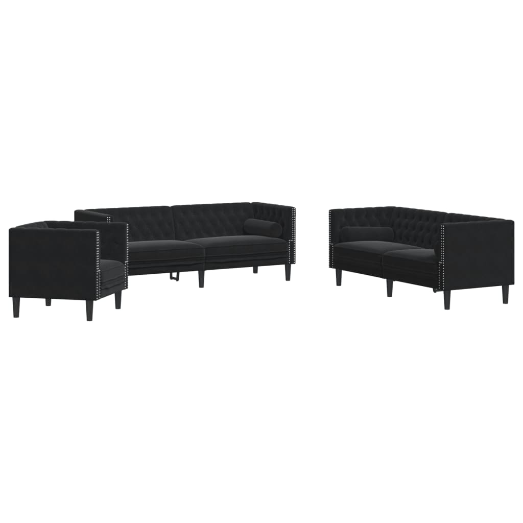 3-tlg. Chesterfield-Sofa-Set mit Nackenrollen Schwarz Samt