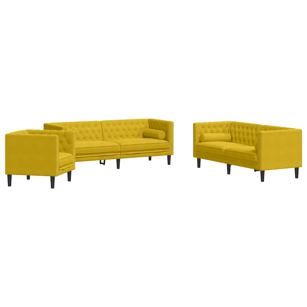 3-tlg. Chesterfield-Sofa-Set mit Nackenrollen Gelb Samt