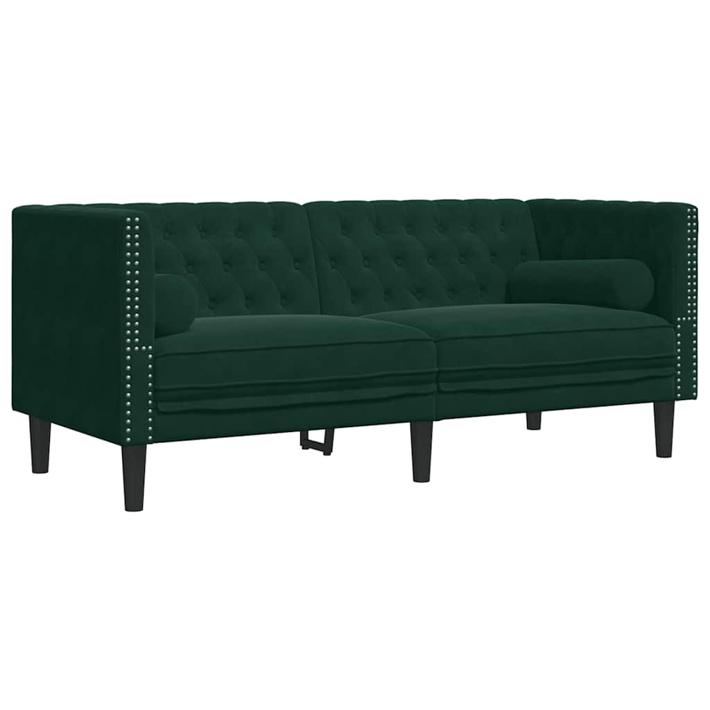 2-tlg. Chesterfield-Sofa-Set mit Nackenrollen Dunkelgrün Samt