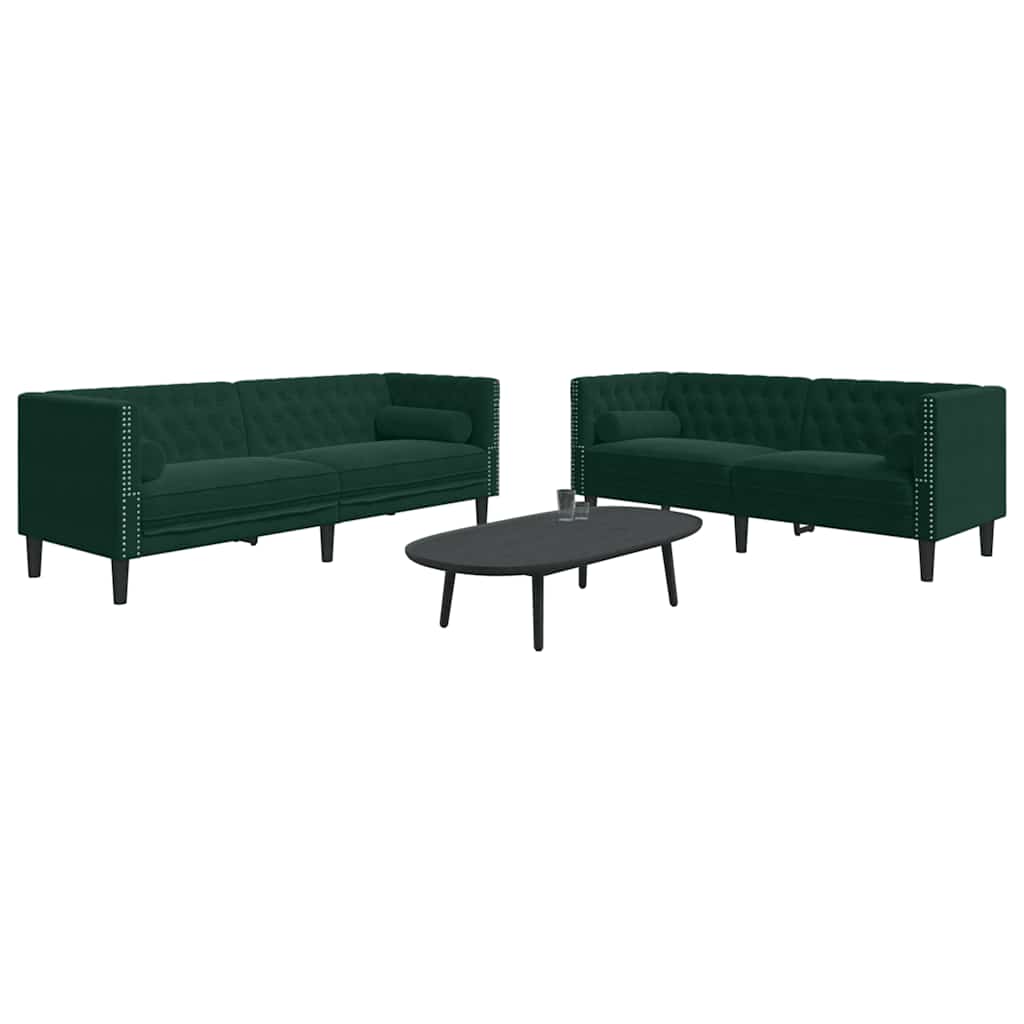 2-tlg. Chesterfield-Sofa-Set mit Nackenrollen Dunkelgrün Samt