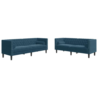 2-tlg. Chesterfield-Sofa-Set mit Nackenrollen Blau Samt