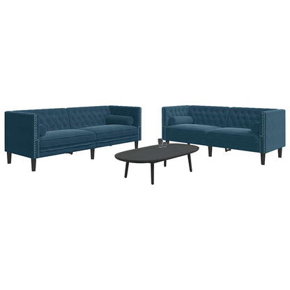 2-tlg. Chesterfield-Sofa-Set mit Nackenrollen Blau Samt