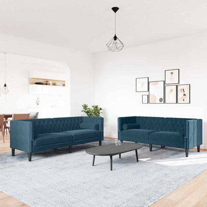 2-tlg. Chesterfield-Sofa-Set mit Nackenrollen Blau Samt