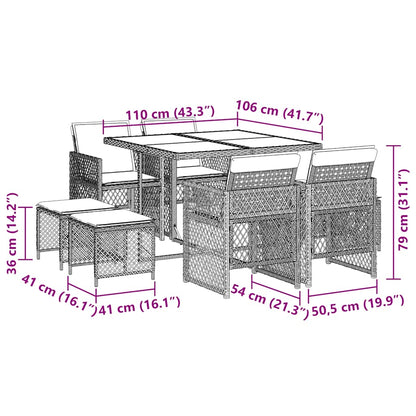 9-tlg. Garten-Essgruppe mit Kissen Grau Poly Rattan