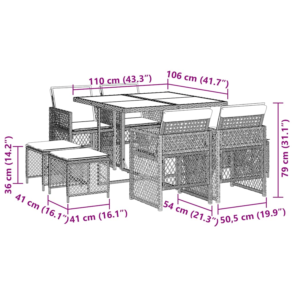 9-tlg. Garten-Essgruppe mit Kissen Braun Poly Rattan