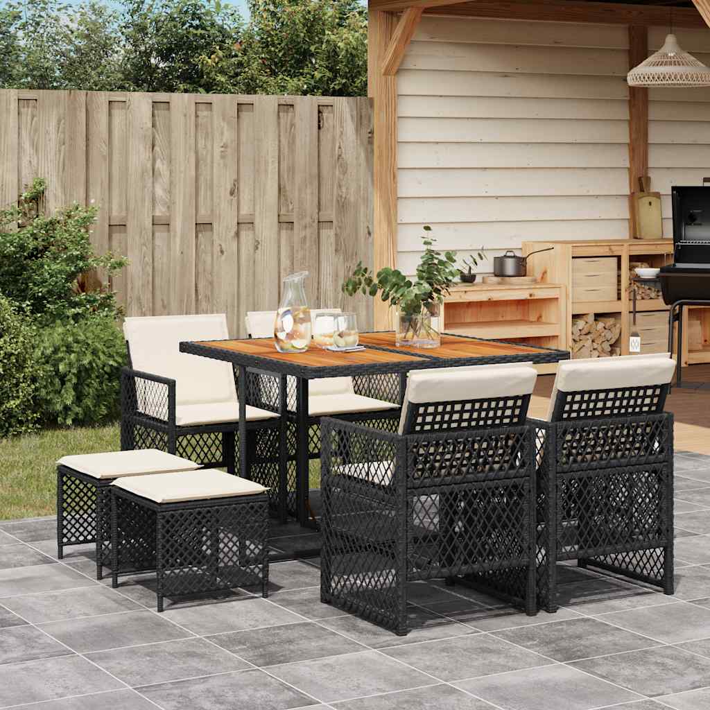9-tlg. Garten-Essgruppe mit Kissen Schwarz Poly Rattan