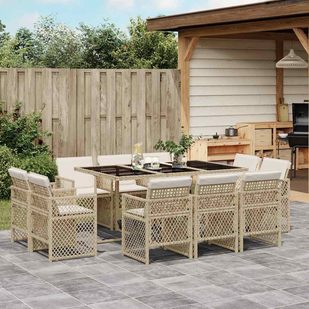 11-tlg. Garten-Essgruppe mit Kissen Beige Poly Rattan