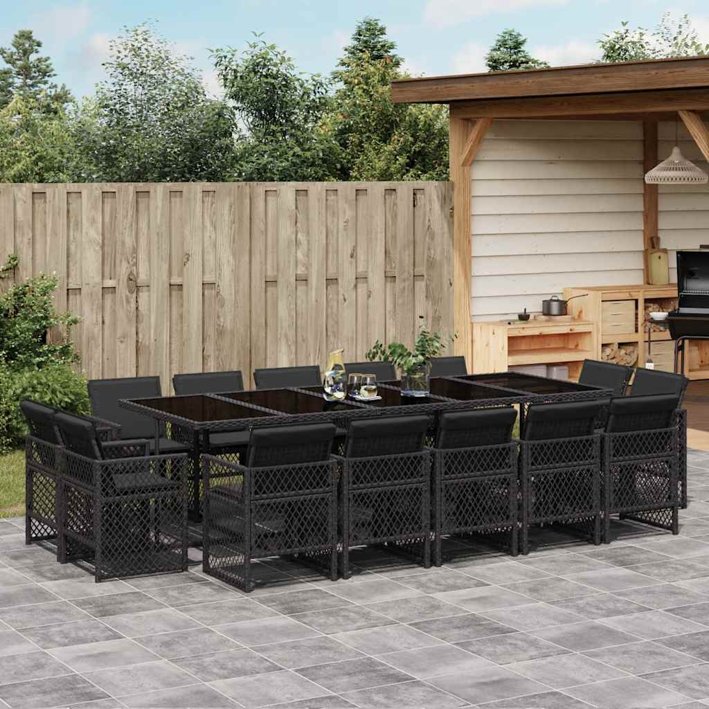 15-tlg. Garten-Essgruppe mit Kissen Schwarz Poly Rattan