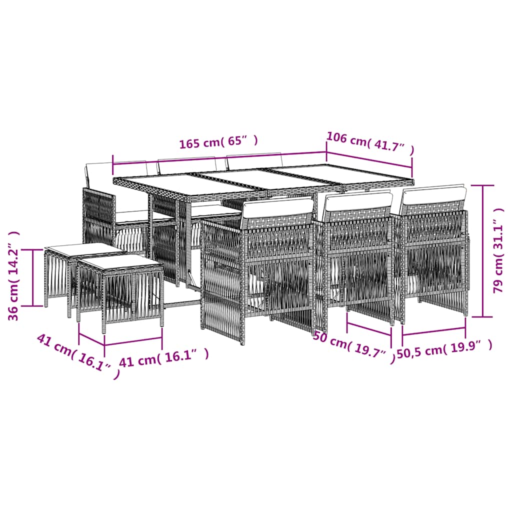 11-tlg. Garten-Essgruppe mit Kissen Schwarz Poly Rattan