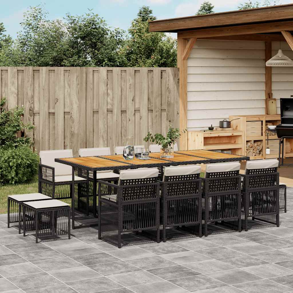 13-tlg. Garten-Essgruppe mit Kissen Schwarz Poly Rattan