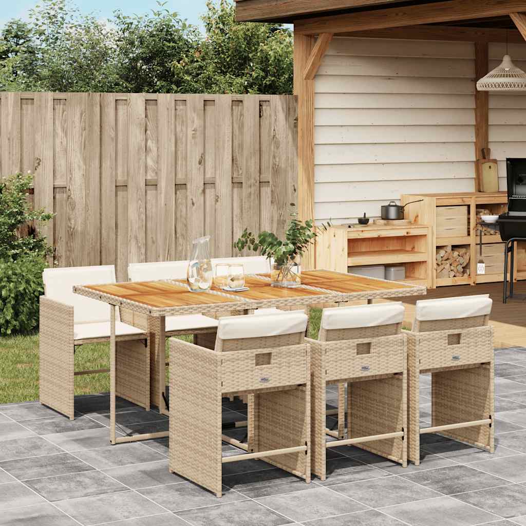 7-tlg. Garten-Essgruppe mit Kissen Beige Poly Rattan