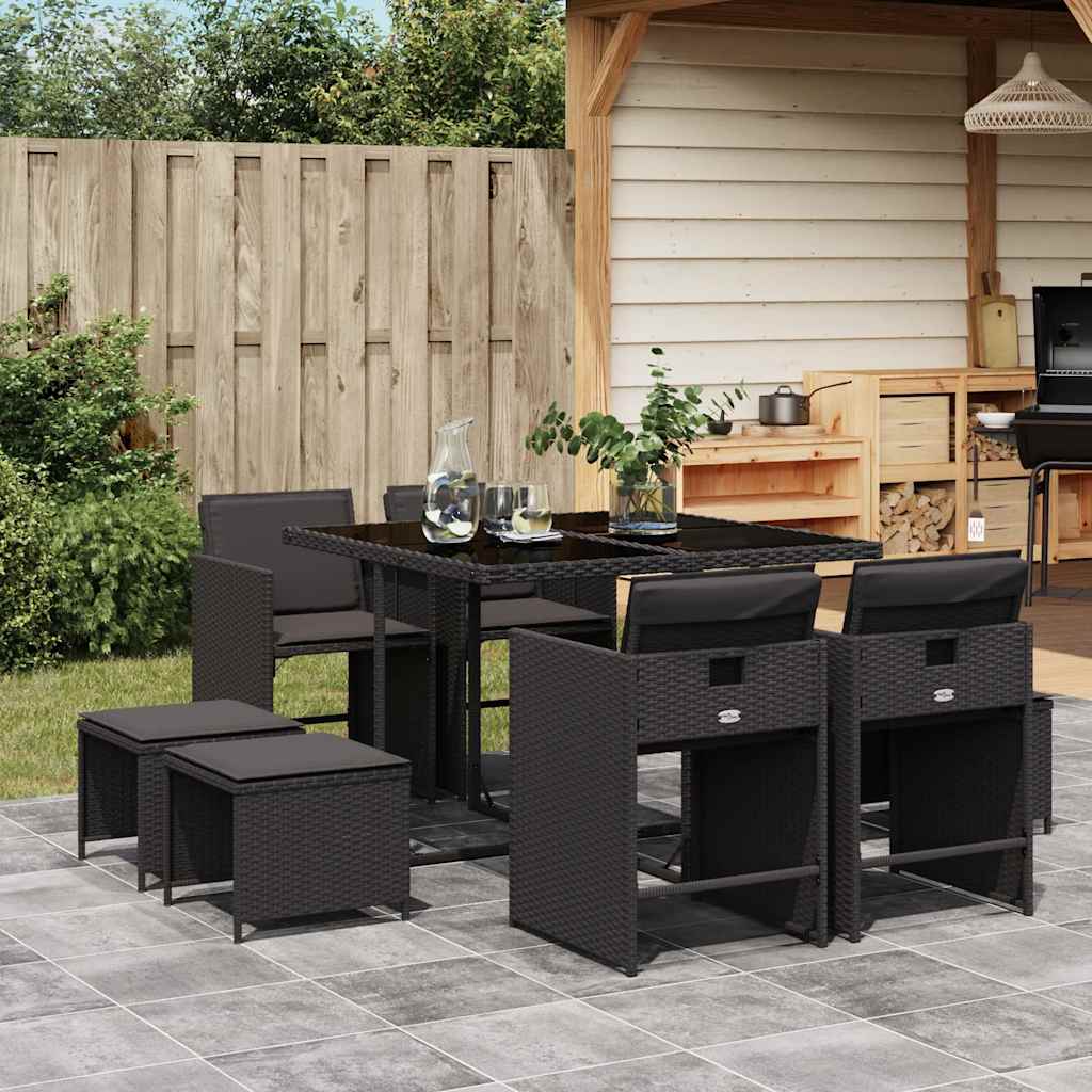 9-tlg. Garten-Essgruppe mit Kissen Schwarz Poly Rattan