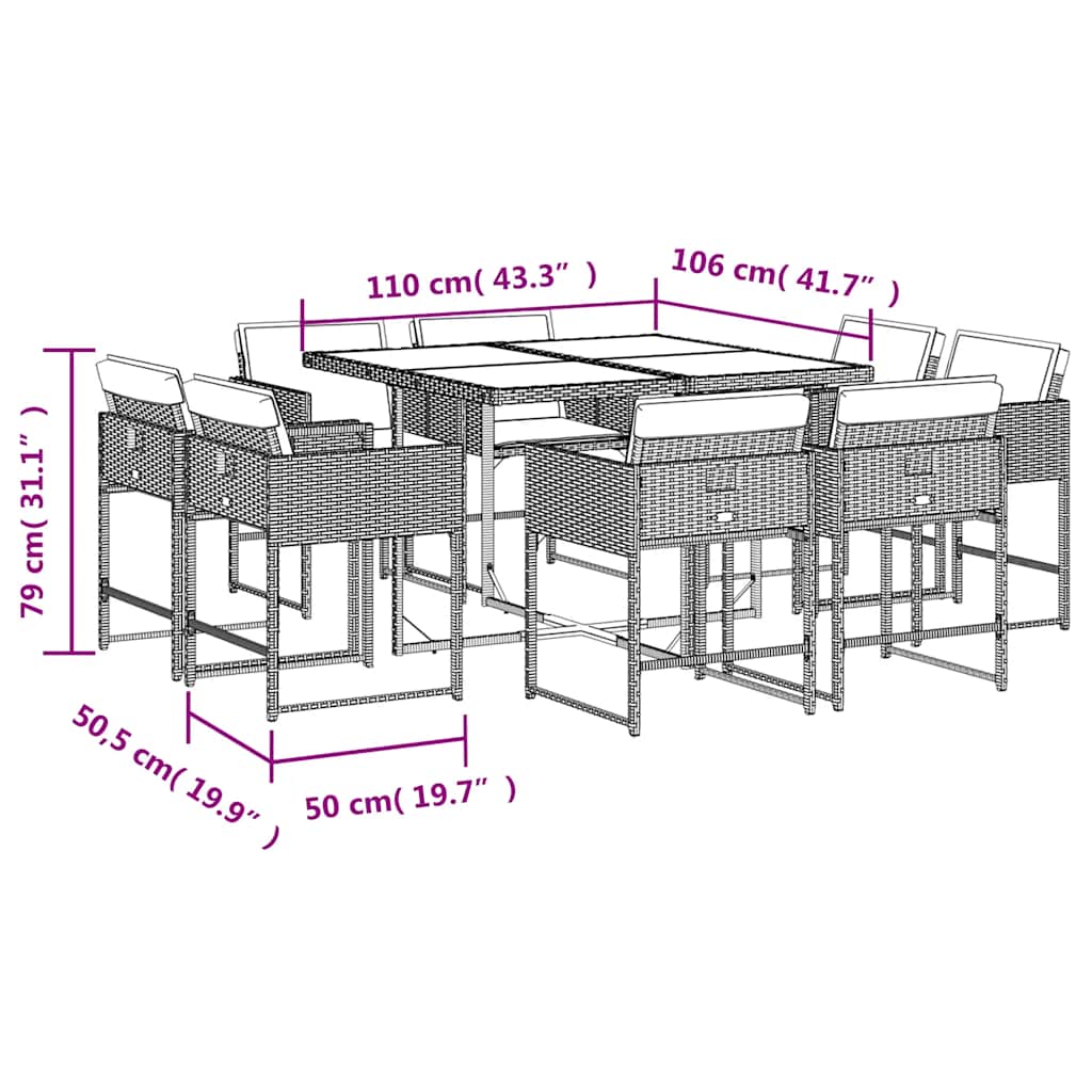 9-tlg. Garten-Essgruppe mit Kissen Grau Poly Rattan