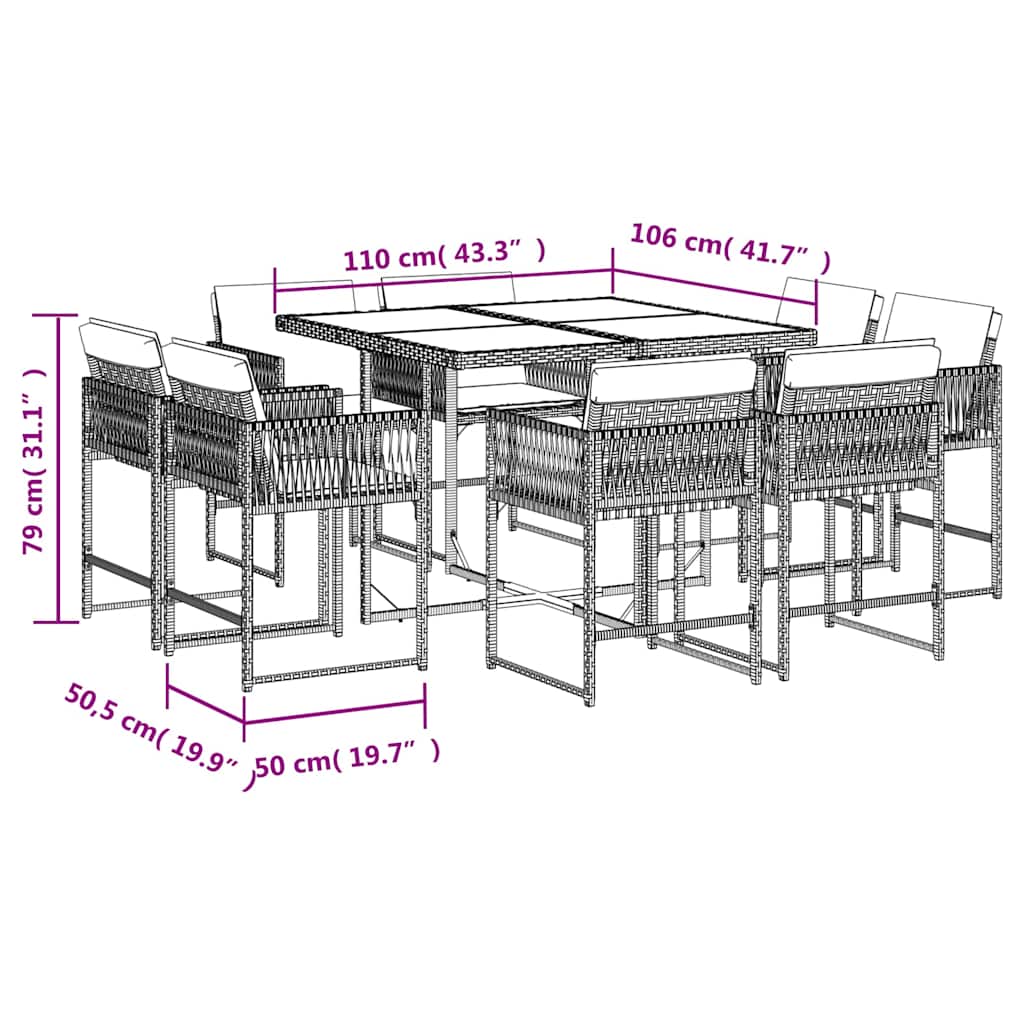9-tlg. Garten-Essgruppe mit Kissen Schwarz Poly Rattan
