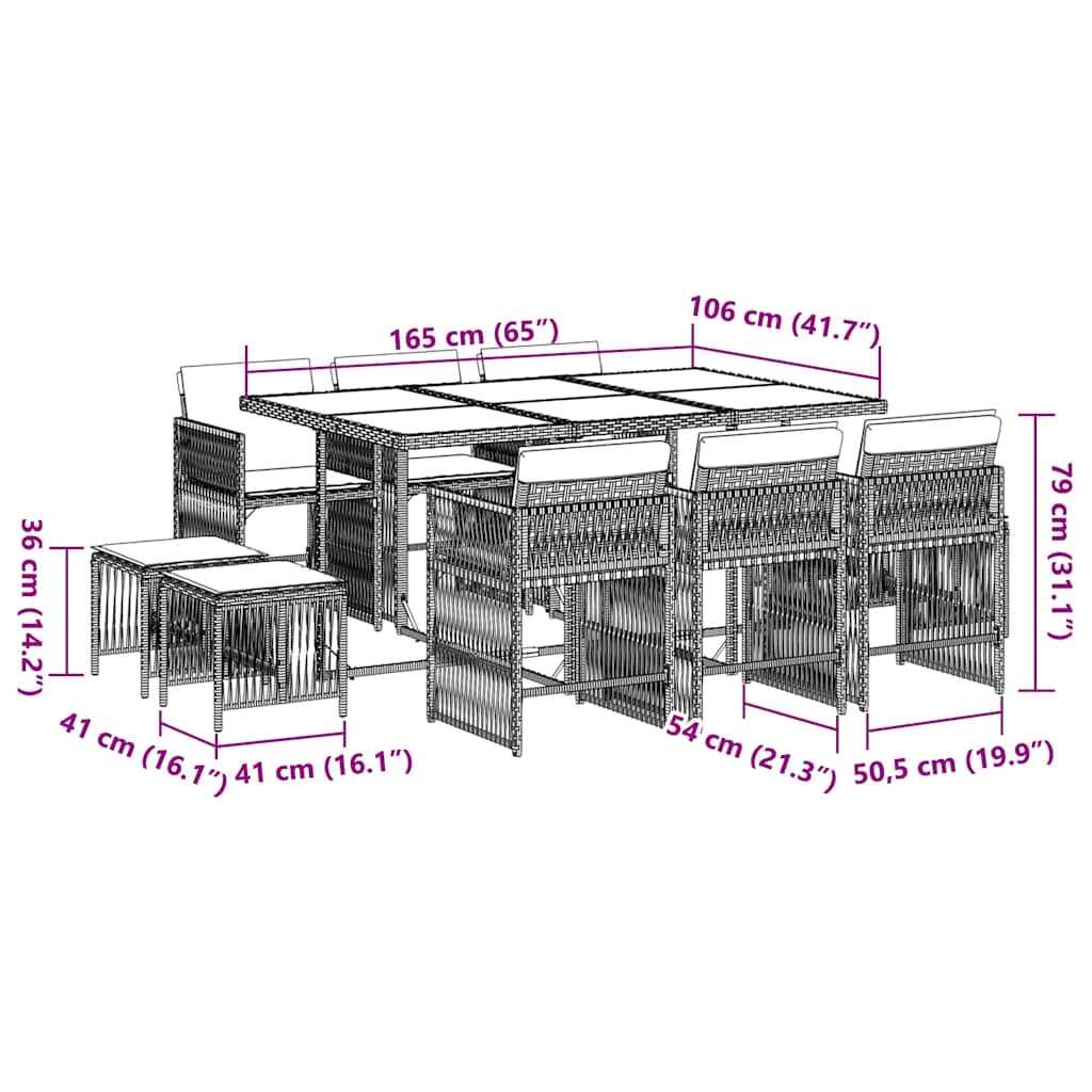 11-tlg. Garten-Essgruppe mit Kissen Grau Poly Rattan