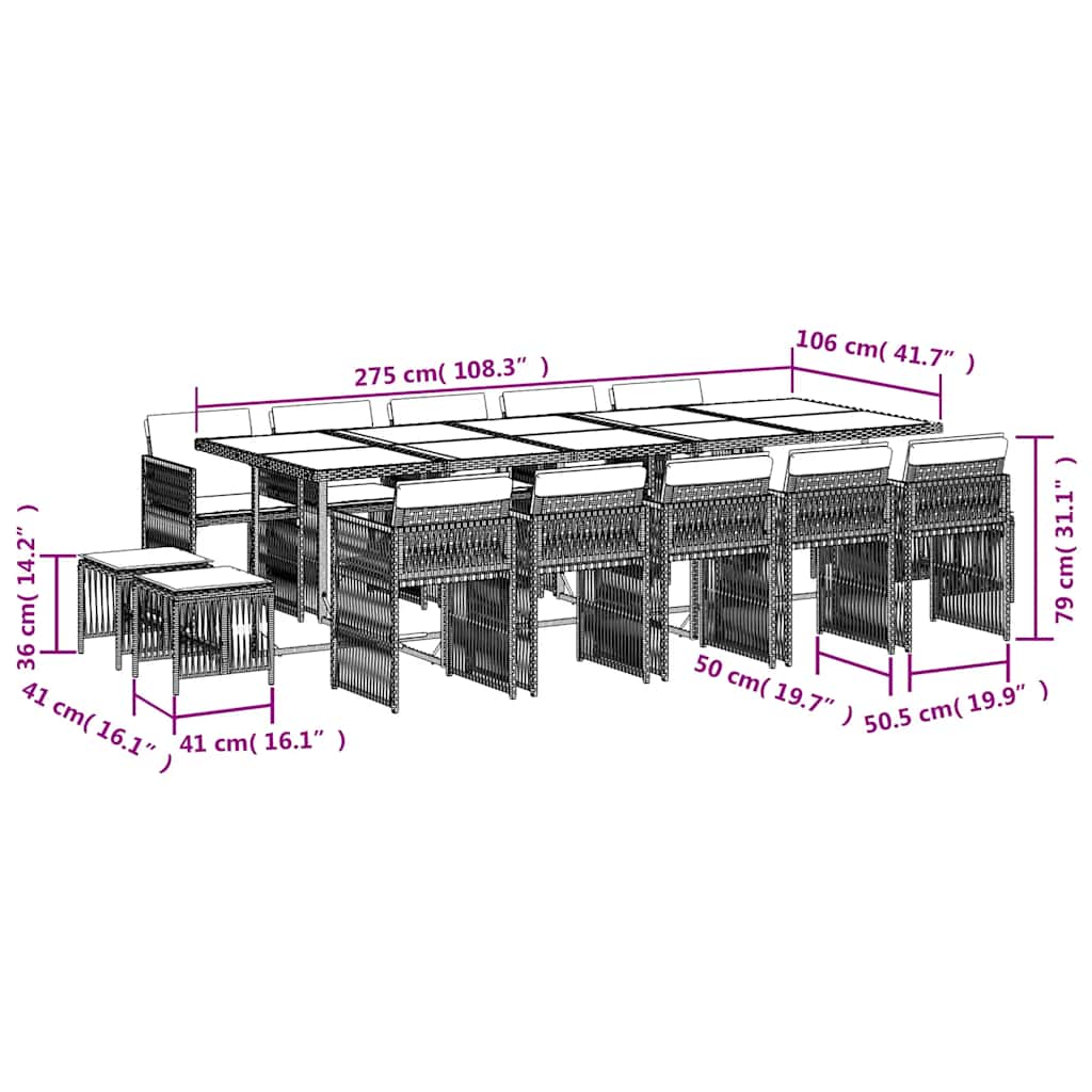 15-tlg. Garten-Essgruppe mit Kissen Hellgrau Poly Rattan