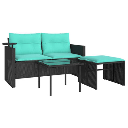 3-teiliges Gartensofa-Set mit Kissen, schwarzes Polyrattan
