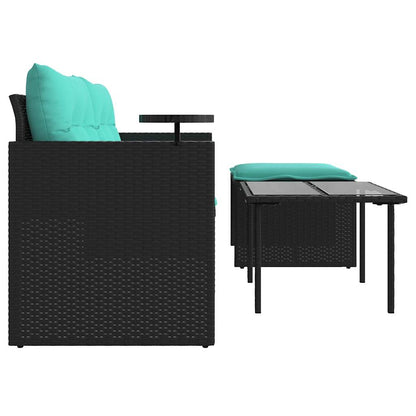 3-teiliges Gartensofa-Set mit Kissen, schwarzes Polyrattan