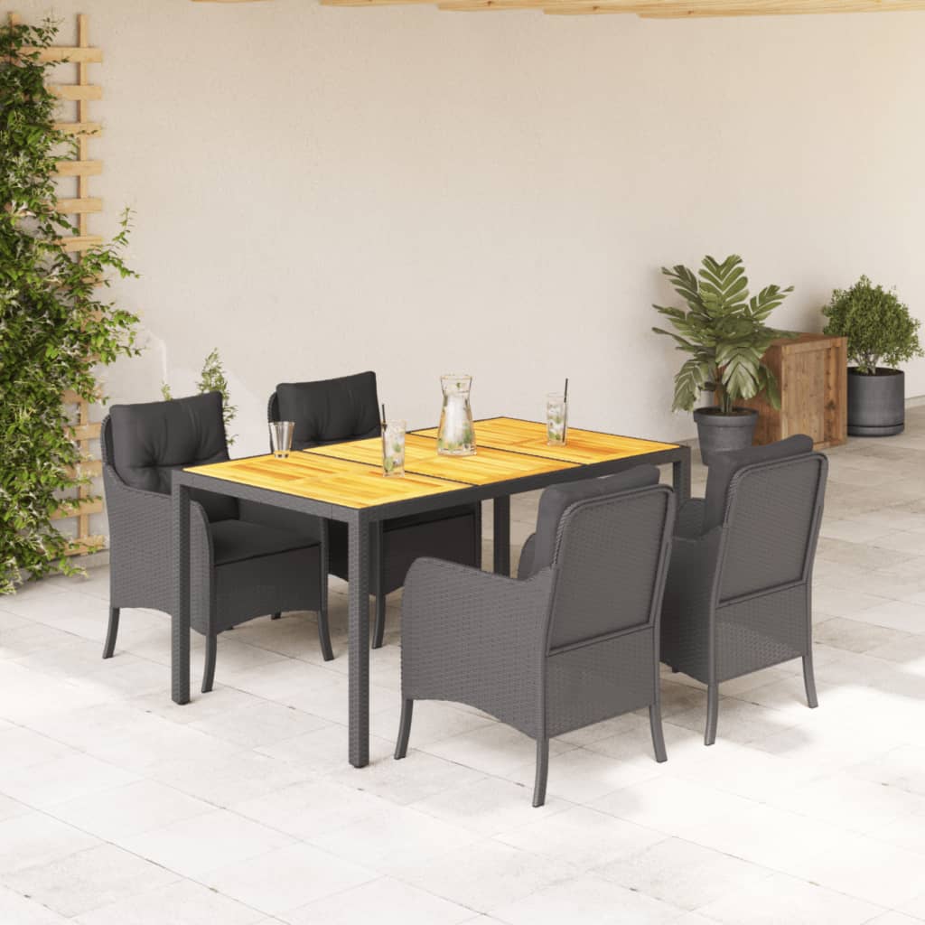 5-tlg. Garten-Essgruppe mit Kissen Schwarz Poly Rattan