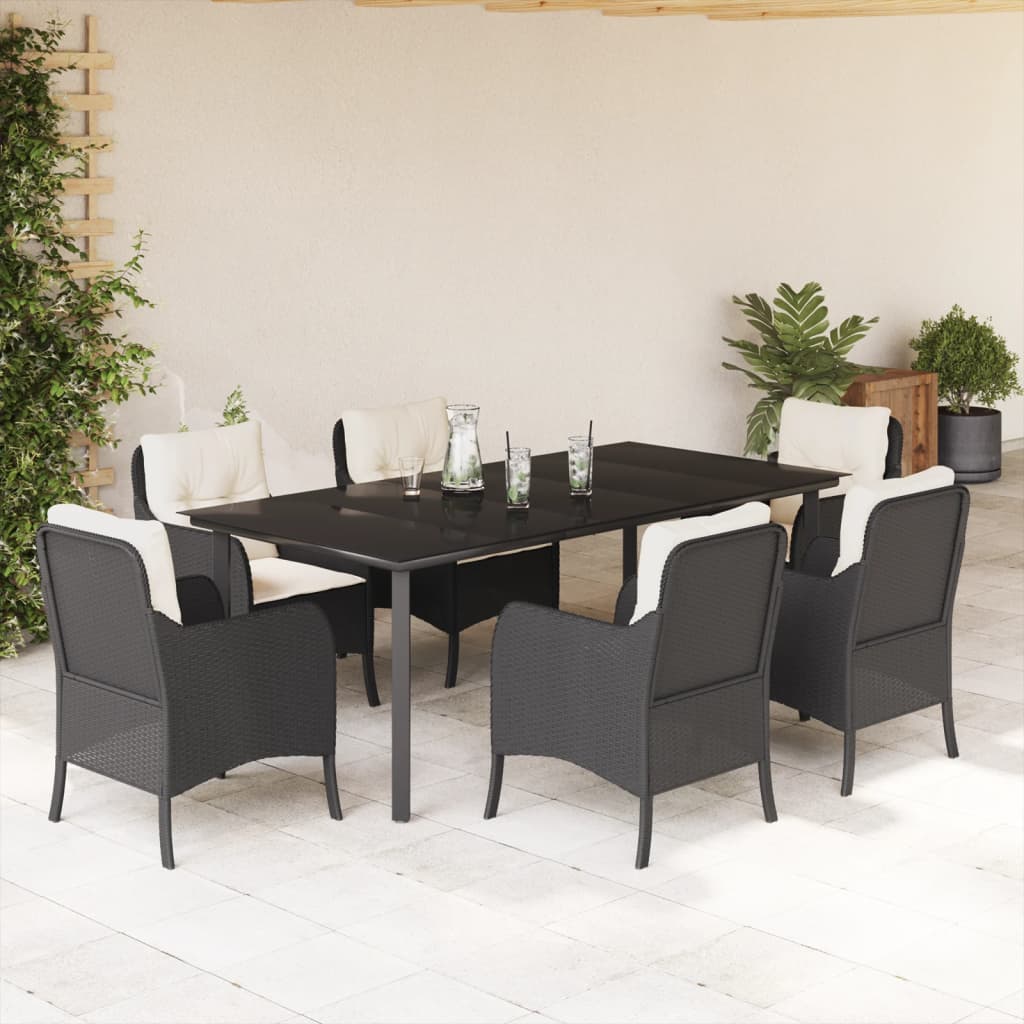 7-tlg. Garten-Essgruppe mit Kissen Schwarz Poly Rattan