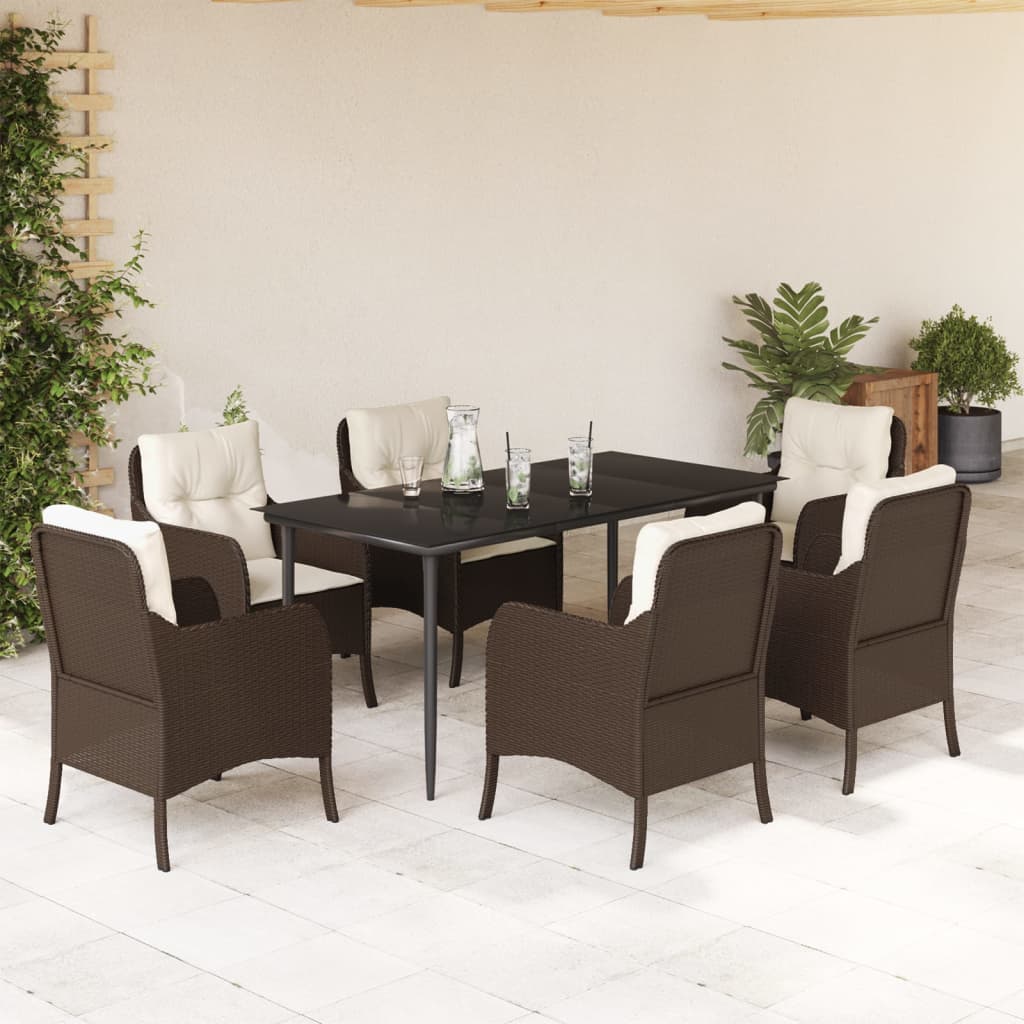 7-tlg. Garten-Essgruppe mit Kissen Braun Poly Rattan