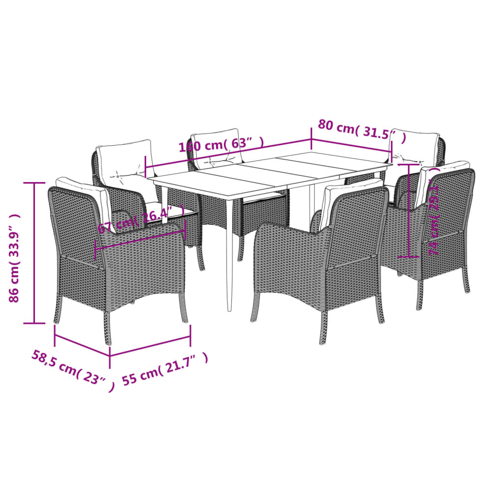 7-tlg. Garten-Essgruppe mit Kissen Beige Poly Rattan