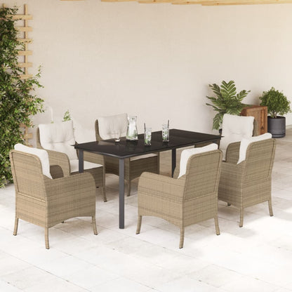 7-tlg. Garten-Essgruppe mit Kissen Beige Poly Rattan