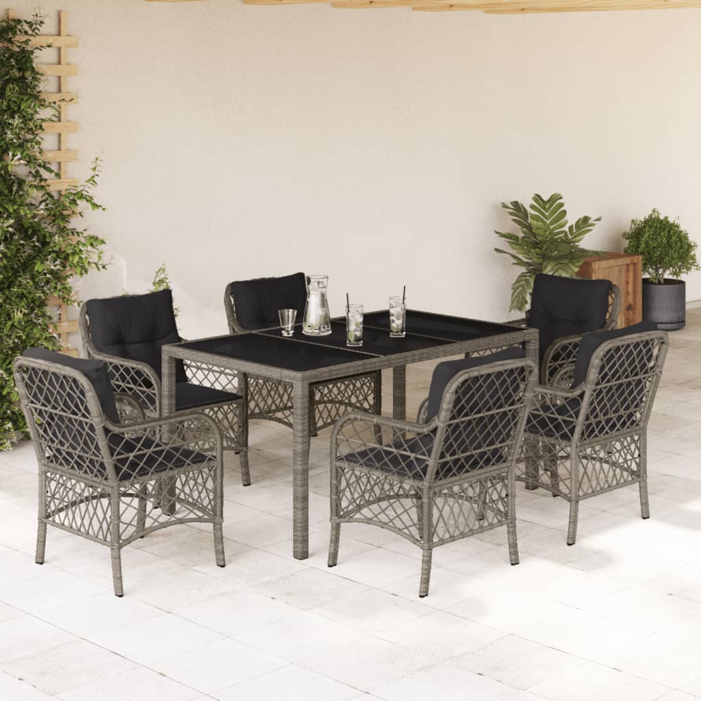 7-tlg. Garten-Essgruppe mit Kissen Grau Poly Rattan