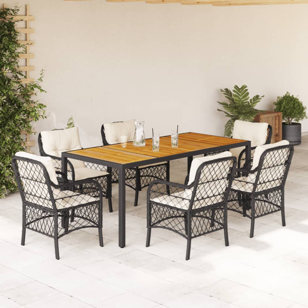 7-tlg. Garten-Essgruppe mit Kissen Schwarz Poly Rattan