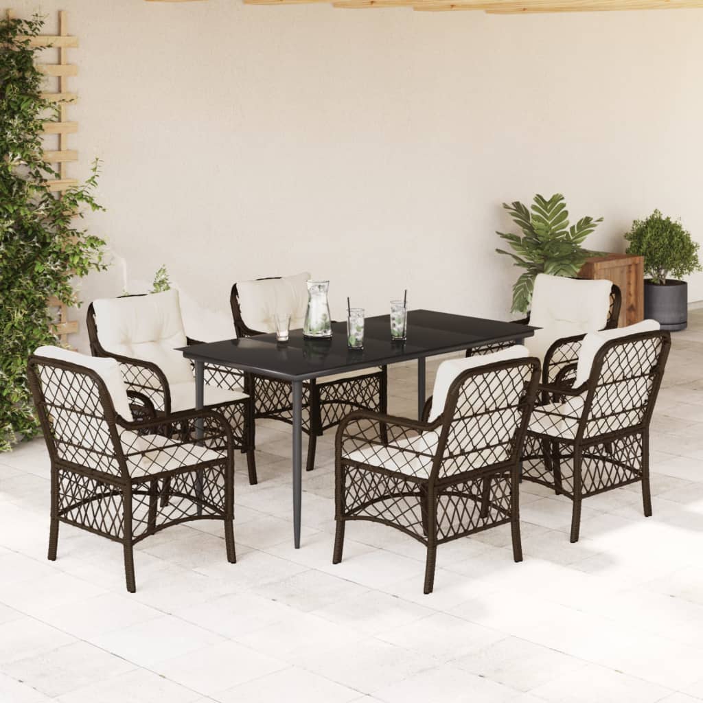 7-tlg. Garten-Essgruppe mit Kissen Braun Poly Rattan