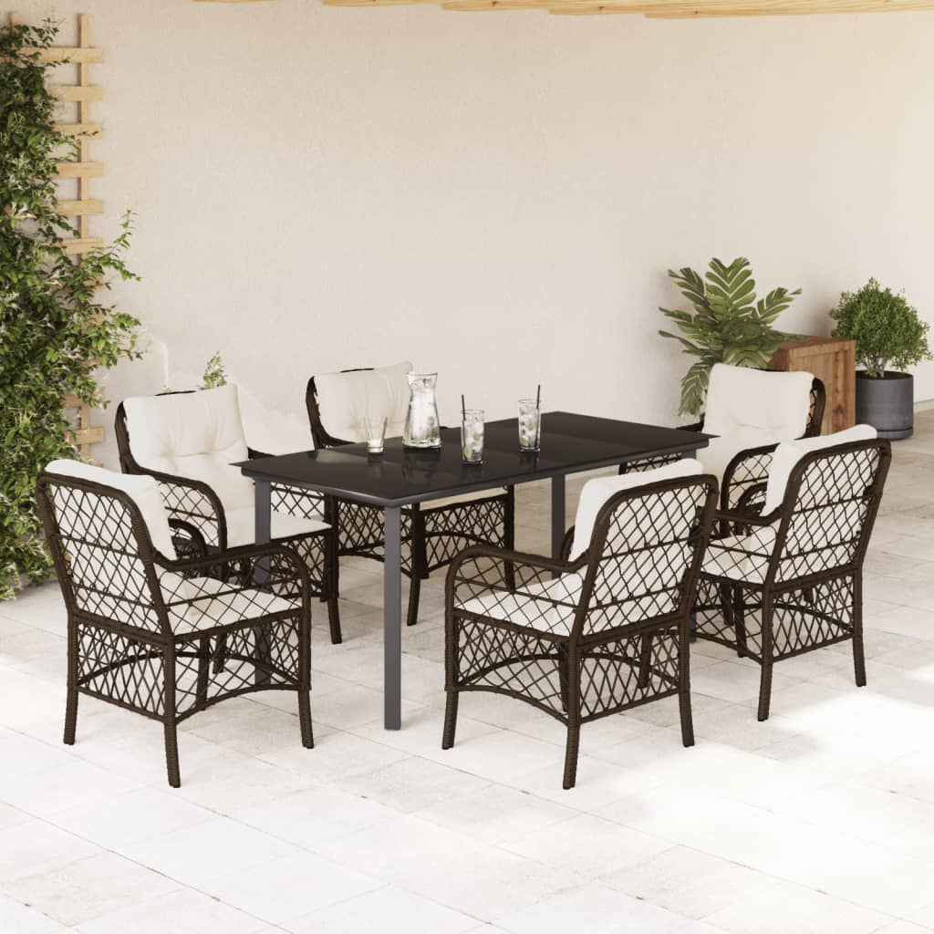 7-tlg. Garten-Essgruppe mit Kissen Braun Poly Rattan