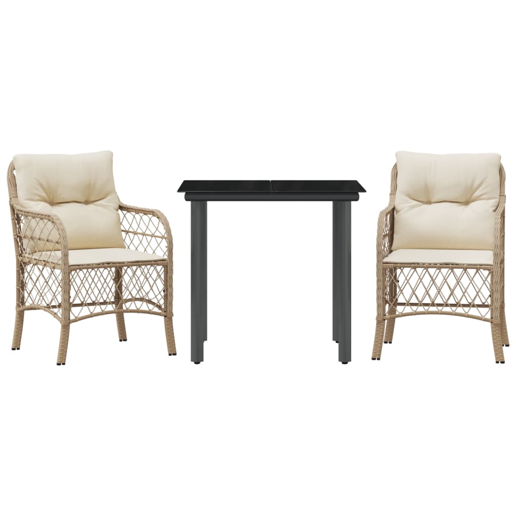 3-tlg. Bistro-Set mit Kissen Beige Poly Rattan