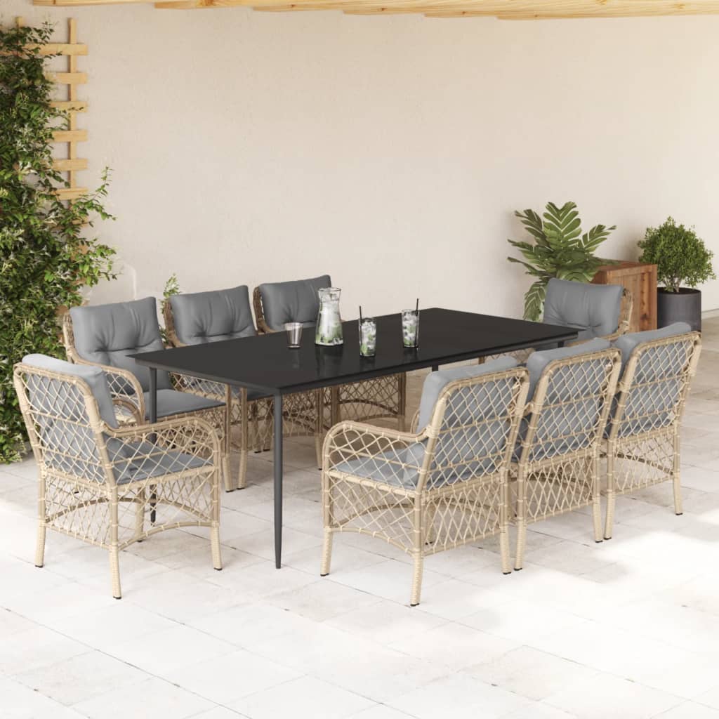 9-tlg. Garten-Essgruppe mit Kissen Beigemischung Poly Rattan