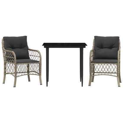 3-tlg. Bistro-Set mit Kissen Hellgrau Poly Rattan