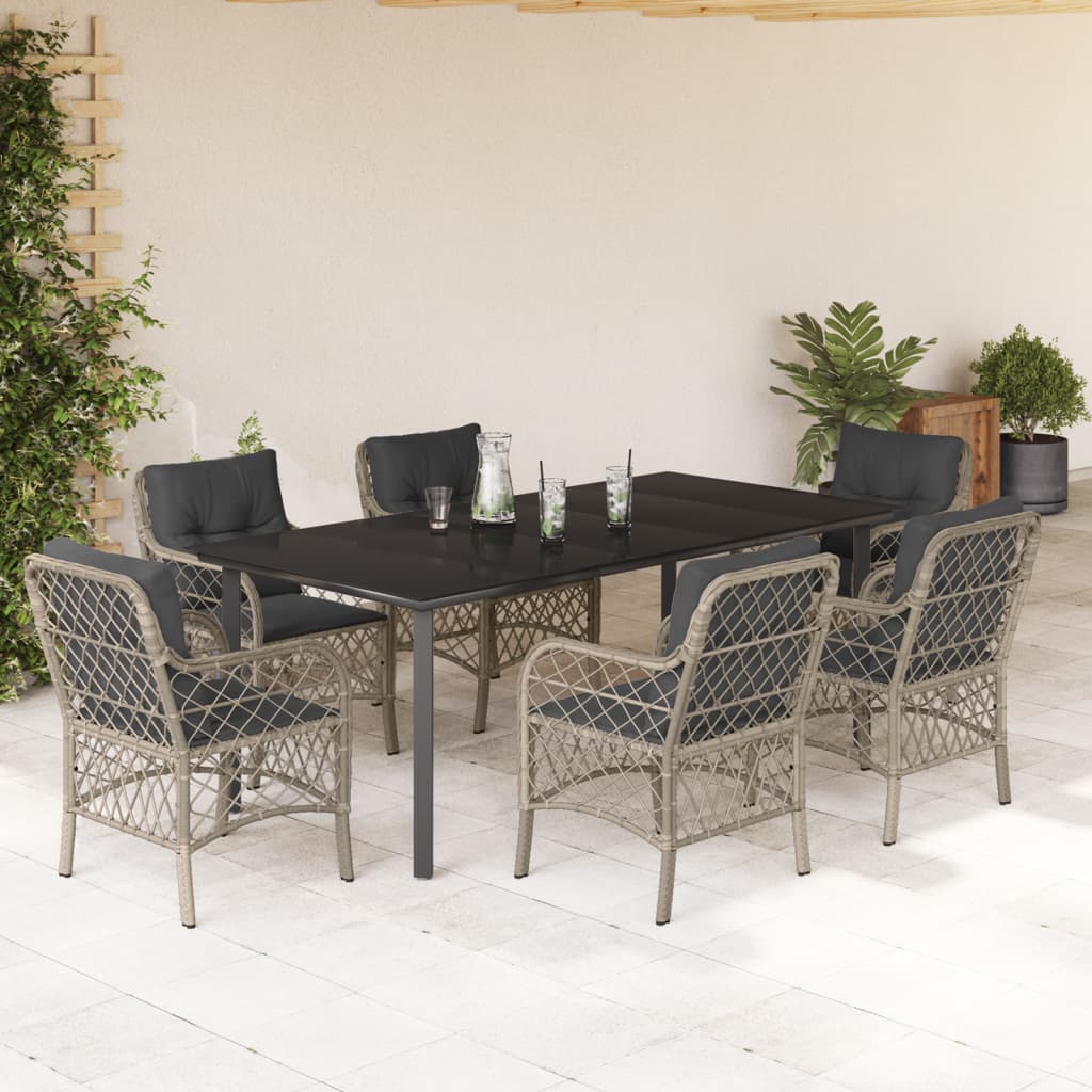 7-tlg. Garten-Essgruppe mit Kissen Hellgrau Poly Rattan