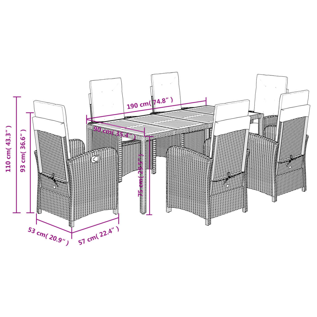 7-tlg. Garten-Essgruppe mit Kissen Schwarz Poly Rattan