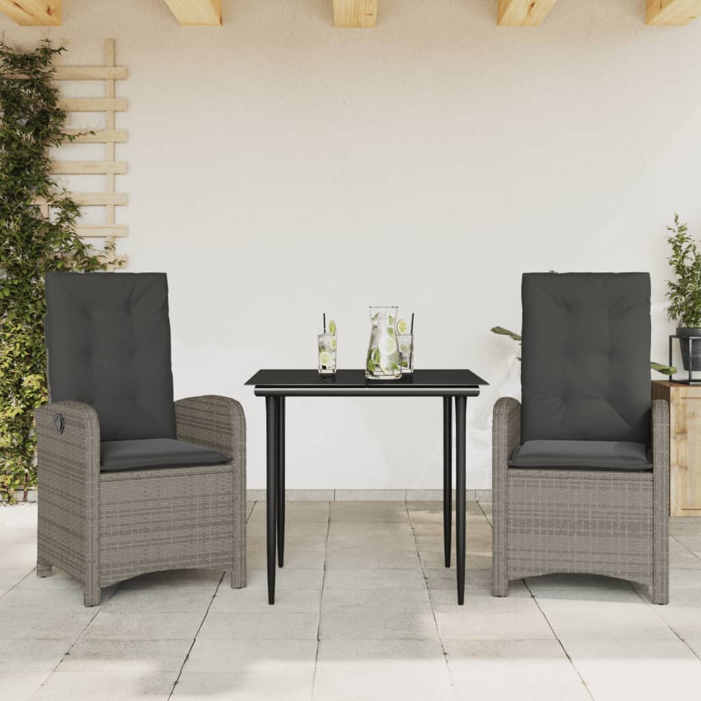 3-tlg. Garten-Essgruppe mit Kissen Grau Poly Rattan