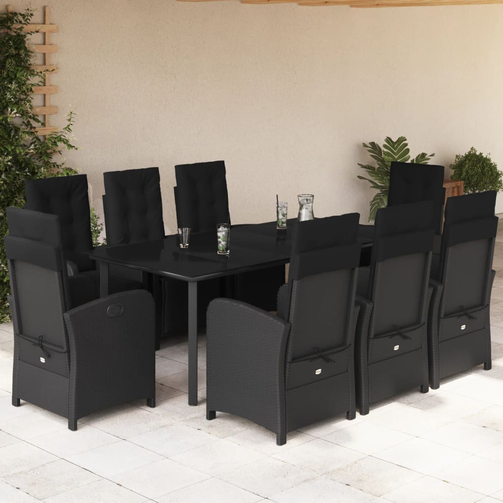 9-tlg. Garten-Essgruppe mit Kissen Schwarz Poly Rattan
