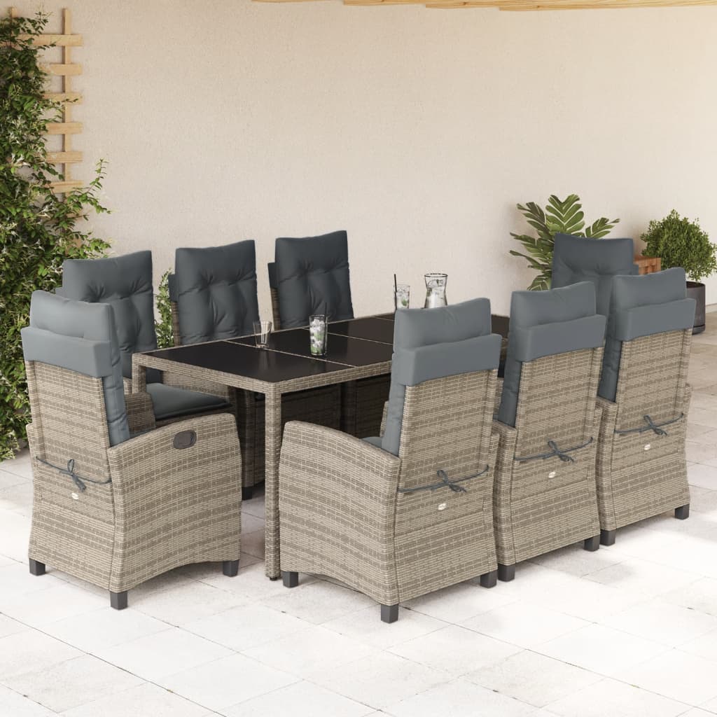 9-tlg. Garten-Essgruppe mit Kissen Grau Poly Rattan