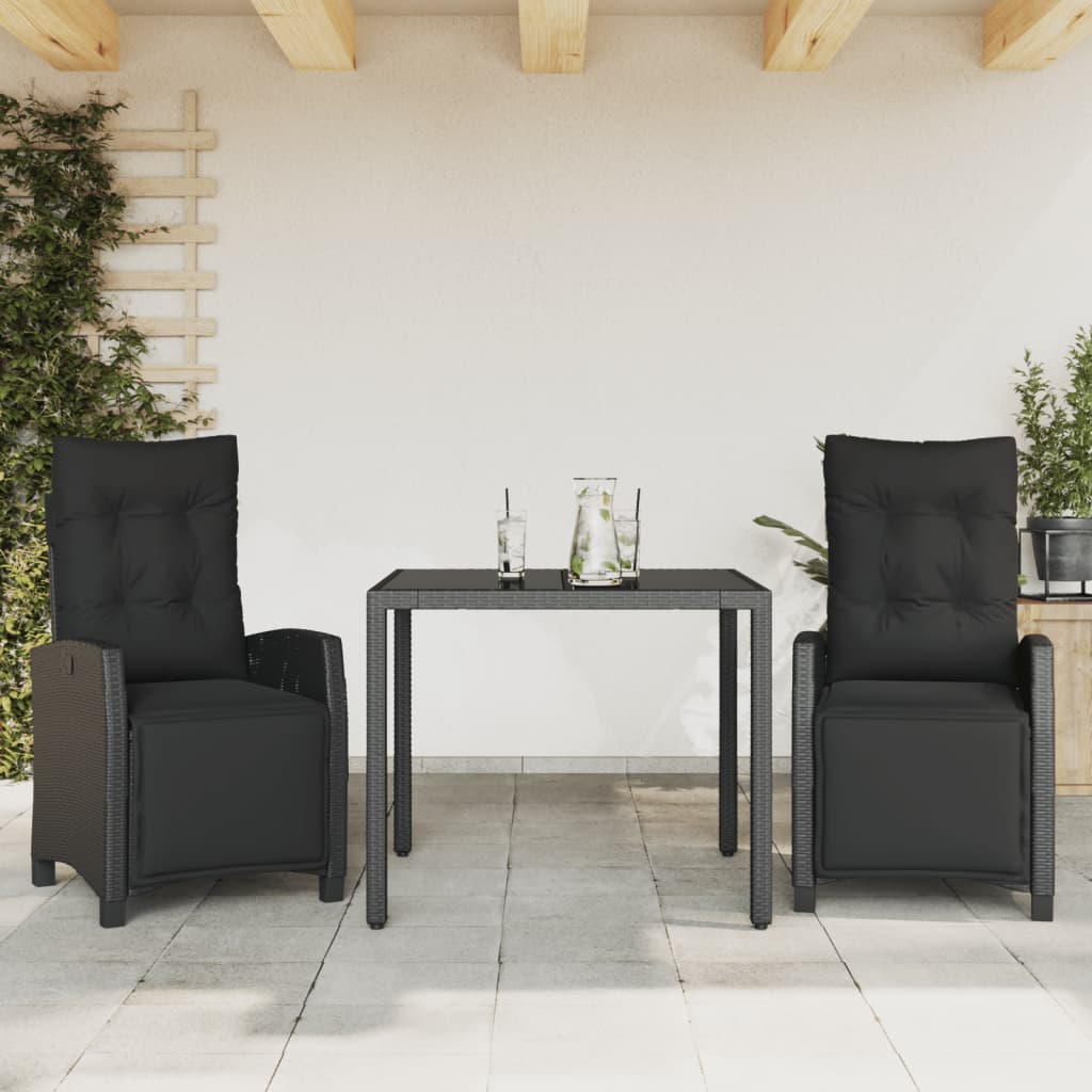 3-tlg. Garten-Essgruppe mit Kissen Schwarz Poly Rattan