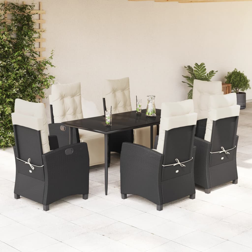 7-tlg. Garten-Essgruppe mit Kissen Schwarz Poly Rattan