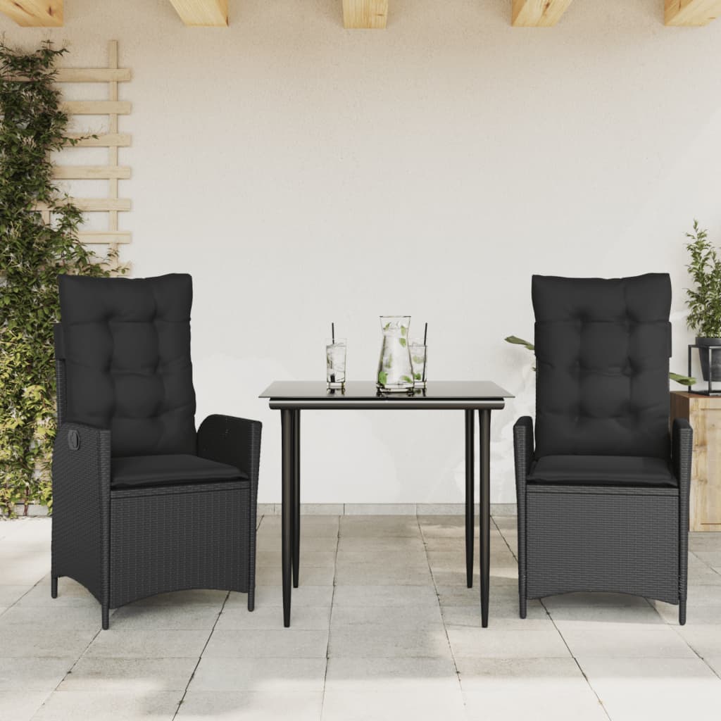 3-tlg. Garten-Essgruppe mit Kissen Schwarz Poly Rattan