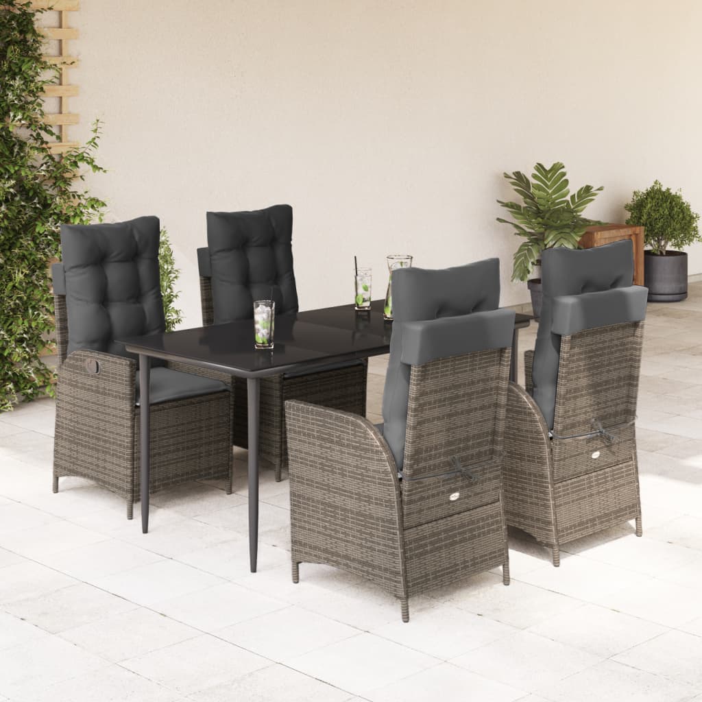 5-tlg. Garten-Essgruppe mit Kissen Grau Poly Rattan