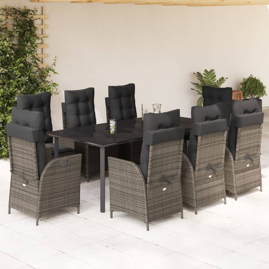 9-tlg. Garten-Essgruppe mit Kissen Grau Poly Rattan